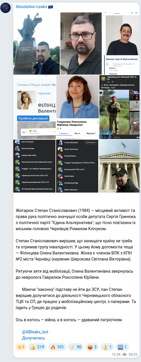 Screenshot of a Telegram post: Klichuk Roman Vasylovych — 📞✏️✏️✏️✏️✏️✏️ Житарюк Степан Станіславович (1984) — місцевий акти…