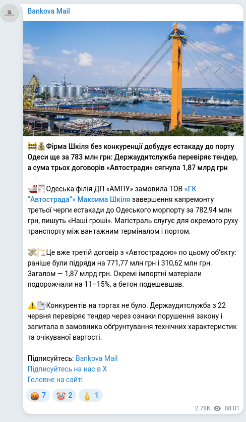 Screenshot of a Telegram post: Shkil Maksym Viktorovych — 🚧💰Фірма Шкіля без конкуренції добудує естакаду до порту Одеси ще…