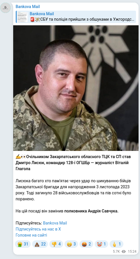 Screenshot of a Telegram post: Lysiuk Dmytro Serhiyovych — ✍️👀Очільником Закарпатського обласного ТЦК та СП став Дмитро Лис…