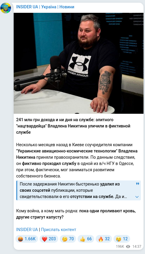 Screenshot of a Telegram post: Nikitin Vladlen Volodymyrovych — 241 млн грн дохода и ни дня на службе: элитного "нацгвардейц…