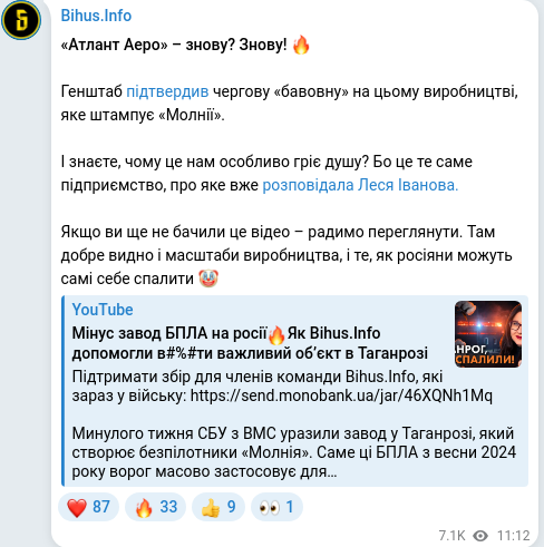 Скріншот Telegram-публікації