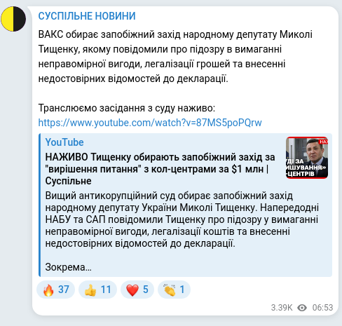 Скріншот Telegram-публікації