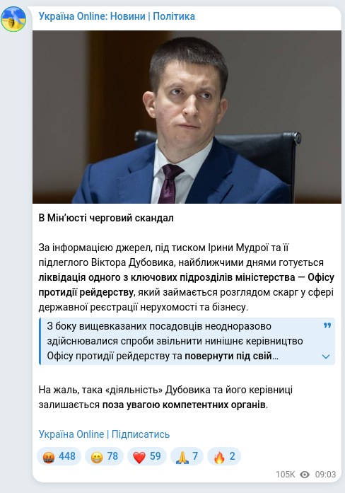 Скріншот Telegram-публікації: Дубовик Віктор Вікторович — В Мінʼюсті черговий скандал За інформацією джерел, під тиском Ірин…