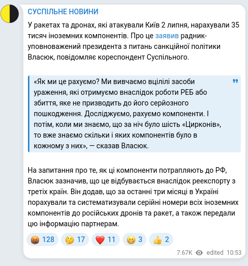 Скріншот Telegram-публікації