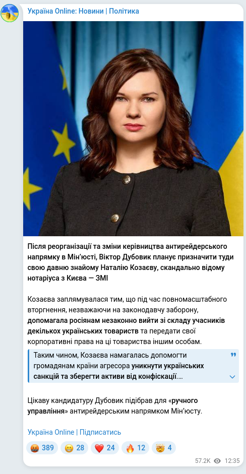 Скріншот Telegram-публікації: Дубовик Віктор Вікторович — Після реорганізації та зміни керівництва антирейдерського напрямку…
