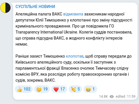 Скріншот Telegram-публікації