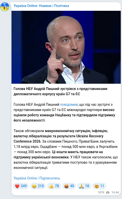 Screenshot of a Telegram post: Pyshnyy Andriy Hryhorovych — Голова НБУ Андрій Пишний зустрівся з представниками дипломатично…