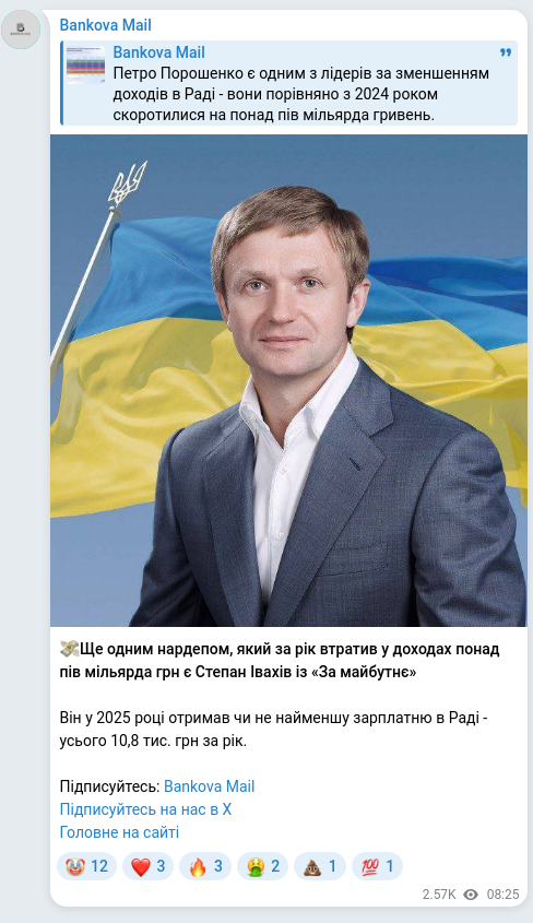 Скріншот Telegram-публікації: Івахів Степан Петрович — 💸Ще одним нардепом, який за рік втратив у доходах понад пів мільярда…