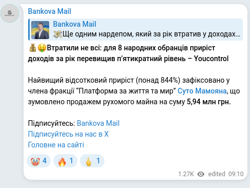 Screenshot of a Telegram post: Mamoyan Suto Choloevich — 💰🤑Втратили не всі: для 8 народних обранців приріст доходів за рік…