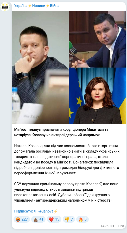 Screenshot of a Telegram post: Koziaeva Nataliia Mykhailivna — Мінʼюст планує призначити корупціонера Микитася та нотаріуса…