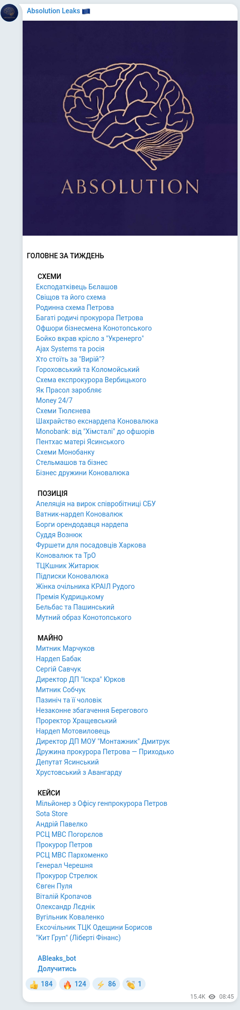 Screenshot of a Telegram post: Pavelko Andriy Vasylovych — 🧠🧡🧡🧡🧡🧡🧡 ГОЛОВНЕ ЗА ТИЖДЕНЬ 🧩 СХЕМИ 🔸Експодатківець Бєлаш…