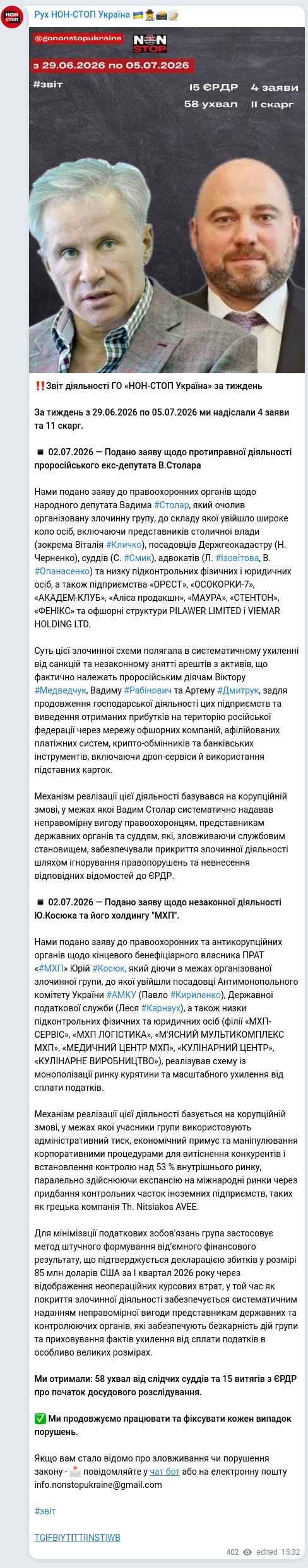 Screenshot of a Telegram post: Kyrylenko Pavlo Oleksandrovych — ‼️Звіт діяльності ГО «НОН-СТОП Україна» за тиждень За тижден…