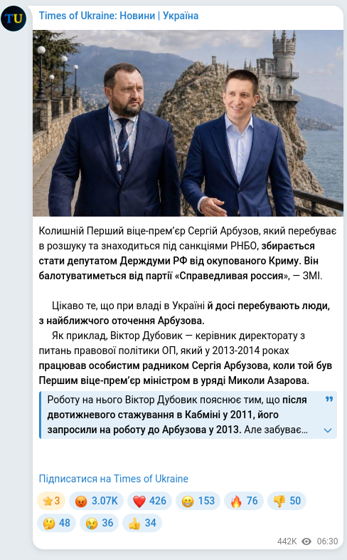 Скріншот Telegram-публікації: Арбузов Сергій Геннадійович — Колишній Перший віце-премʼєр Сергій Арбузов, який перебуває в ро…