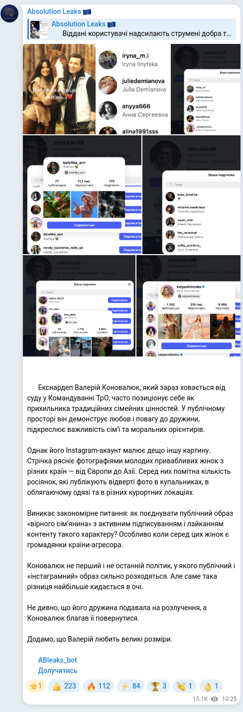 Скріншот Telegram-публікації: Коновалюк Валерій Ілліч — 🔒🧡🧡🧡🧡🧡🧡 🚫 Екснардеп Валерій Коновалюк, який зараз ховається…