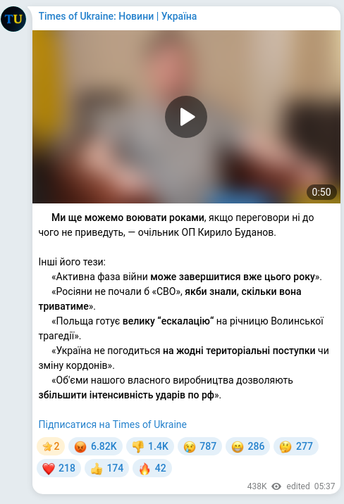 Screenshot of a Telegram post: Budanov Kyrylo Oleksiyovych — ❗️Ми ще можемо воювати роками, якщо переговори ні до чого не п…