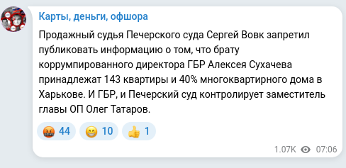 Screenshot of a Telegram post: Tatarov Oleh Yuriyovych — Продажный судья Печерского суда Сергей Вовк запретил публиковать ин…