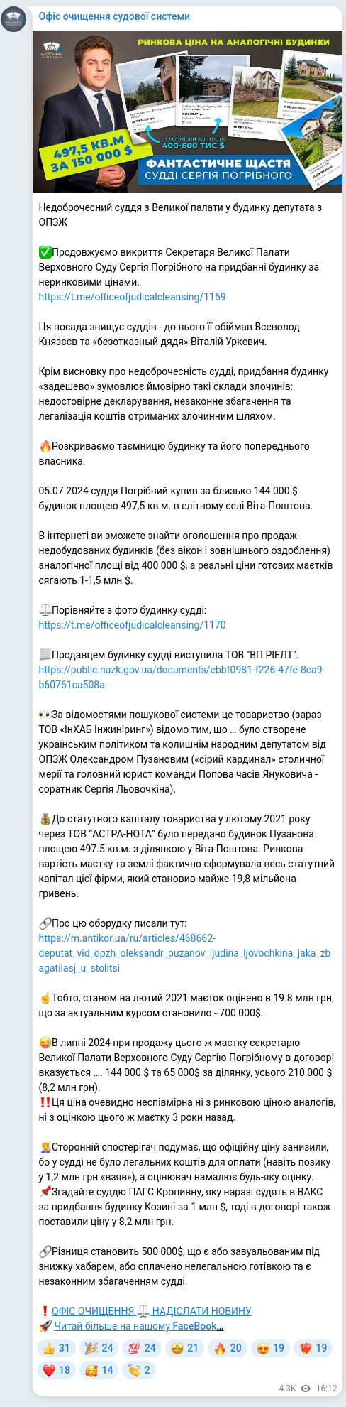 Screenshot of a Telegram post: Puzan Oleksandr Hennadiyovych — Недоброчесний суддя з Великої палати у будинку депутата з ОПЗ…