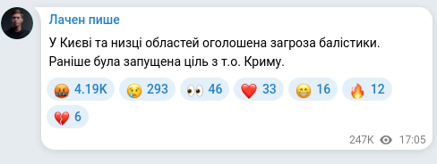 Скріншот Telegram-публікації: У Києві та низці областей оголошена загроза балістики. Раніше була запущена ціл…