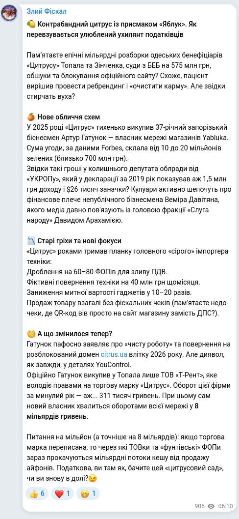 Screenshot of a Telegram post: Hatunok Artur Anatoliyovych — 🍋 Контрабандний цитрус із присмаком «Яблук». Як перевзувається…