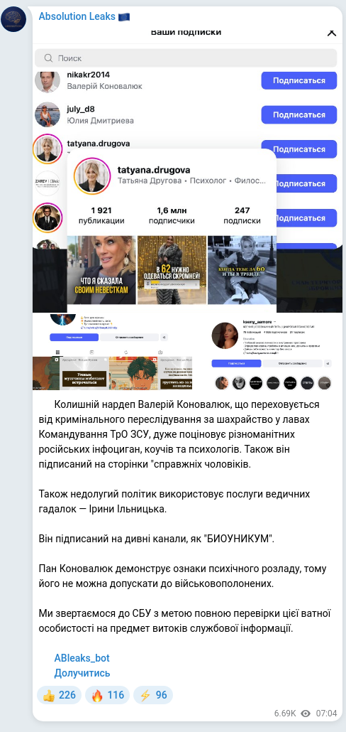 Скріншот Telegram-публікації: Коновалюк Валерій Ілліч — 🚫 Колишній нардеп Валерій Коновалюк, що переховується від криміналь…