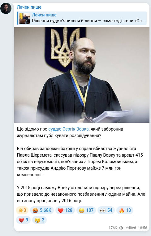 Screenshot of a Telegram post: Portnov Andriy Volodymyrovych — Що відомо про суддю Сергія Вовка, який заборонив журналістам…