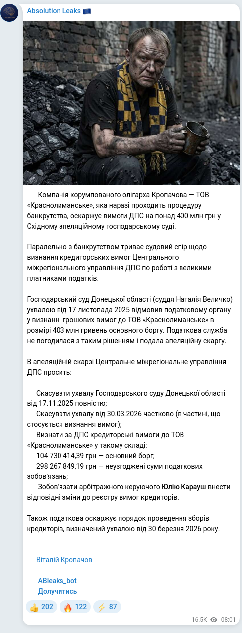 Screenshot of a Telegram post: Kropachov Vitalii Valeriiovych — ☑️ Компанія корумпованого олігарха Кропачова — ТОВ «Красноли…