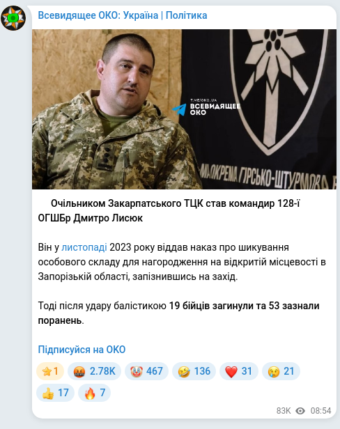 Screenshot of a Telegram post: Lysiuk Dmytro Serhiyovych — ⚡️Очільником Закарпатського ТЦК став командир 128-ї ОГШБр Дмитро…