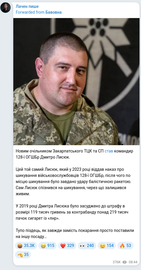Screenshot of a Telegram post: Lysiuk Dmytro Serhiyovych — Новим очільником Закарпатського ТЦК та СП став командир 128-ї ОГШ…