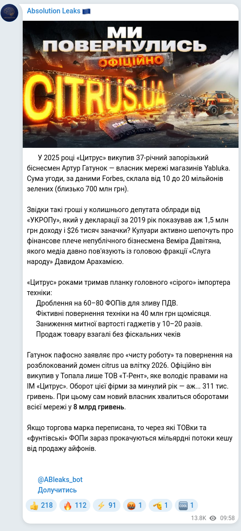 Screenshot of a Telegram post: Hatunok Artur Anatoliyovych — 🔈 У 2025 році «Цитрус» викупив 37-річний запорізький біснесмен…