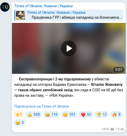 Screenshot of a Telegram post: Yermolayev Vadym Volodymyrovych — ⚡️Експравоохоронцю і 2-му підозрюваному у вбивстві нападни…