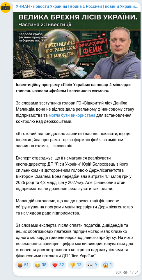 Screenshot of a Telegram post: Bolokhovets Yurii Vitaliiovych — Інвестиційну програму «Лісів України» на понад 4 мільярди гр…