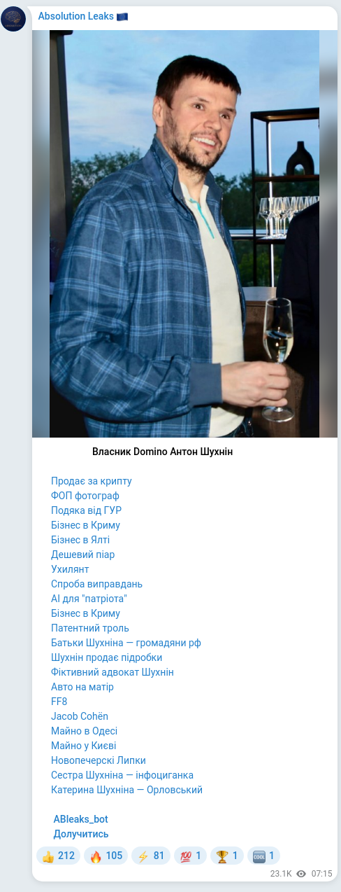 Скріншот Telegram-публікації: Шухнін Антон Сергійович — 💼 ☝☝☝Власник Domino Антон Шухнін 🔸Продає за крипту 🔸ФОП фотограф…