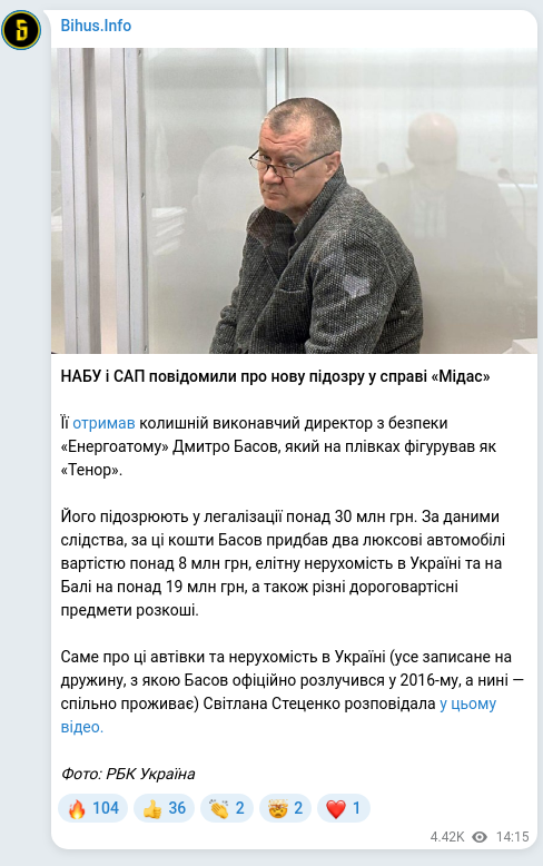 Скріншот Telegram-публікації: Басов Дмитро Миколайович — НАБУ і САП повідомили про нову підозру у справі «Мідас» Її отримав…