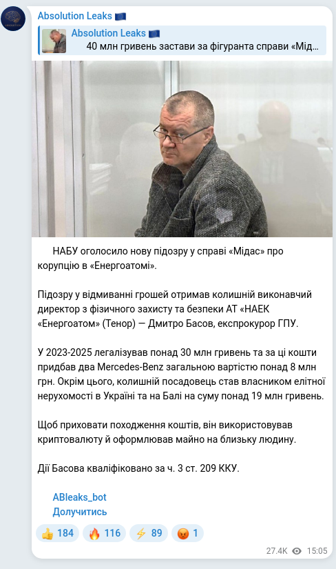 Скріншот Telegram-публікації: Басов Дмитро Миколайович — 🔈 НАБУ оголосило нову підозру у справі «Мідас» про корупцію в «Ене…
