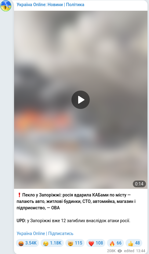 Скріншот Telegram-публікації