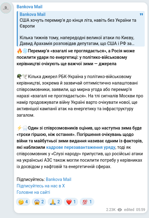 Скріншот Telegram-публікації