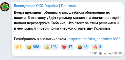 Screenshot of a Telegram post: Вчера президент объявил о масштабном обновлении во власти. В отставку уйдёт пре…