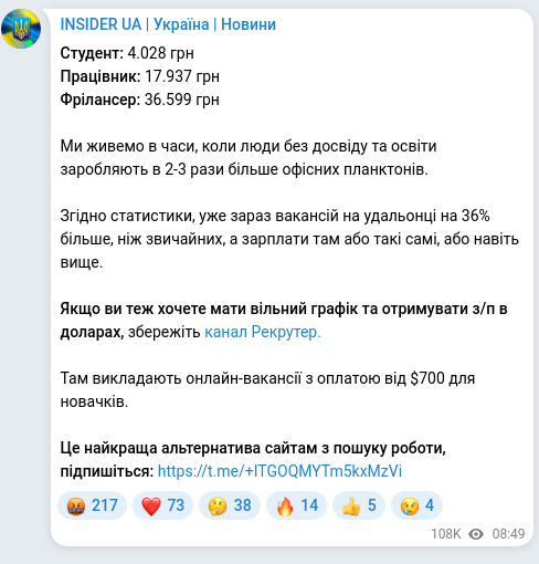 Telegram publication screenshot