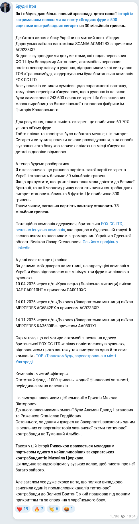 Screenshot of a Telegram post: Kozlovskyi Hryhoriy Petrovych — Як і обіцяв, даю більш повний «розклад» детективної історії і…