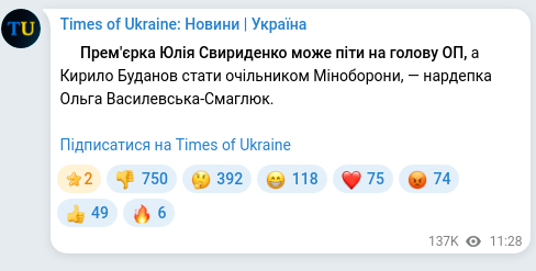 Скріншот Telegram-публікації: Буданов Кирило Олексійович — ⚡️Прем'єрка Юлія Свириденко може піти на голову ОП, а Кирило Буд…