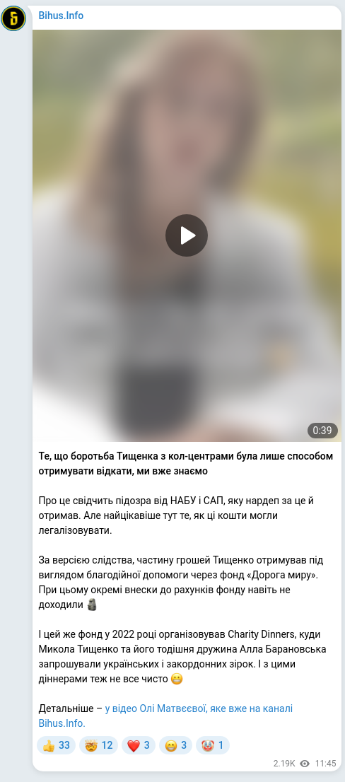 Скріншот Telegram-публікації: Тищенко Микола Миколайович — Те, що боротьба Тищенка з кол-центрами була лише способом отримув…