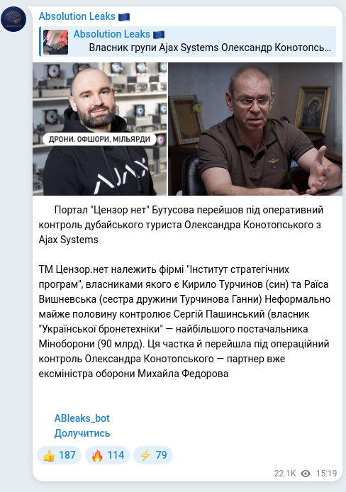 Screenshot of a Telegram post: Fedorov Mykhailo Albertovych — 🔈 Портал "Цензор нет" Бутусова перейшов під оперативний контр…