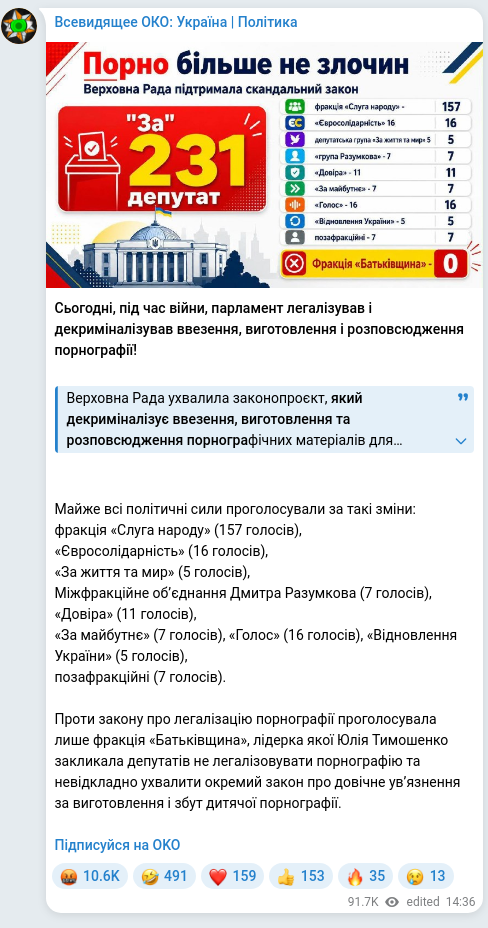 Screenshot of a Telegram post: Razumkov Dmytro Oleksandrovych — Сьогодні, під час війни, парламент легалізував і декриміналі…