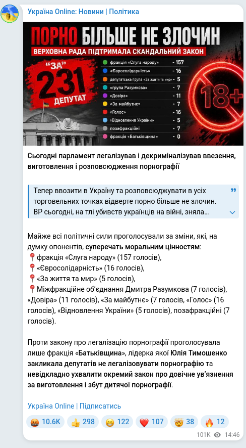 Screenshot of a Telegram post: Razumkov Dmytro Oleksandrovych — Сьогодні парламент легалізував і декриміналізував ввезення,…