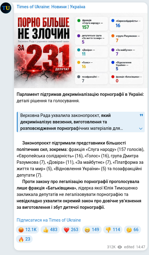 Screenshot of a Telegram post: Razumkov Dmytro Oleksandrovych — Парламент підтримав декриміналізацію порнографії в Україні:…