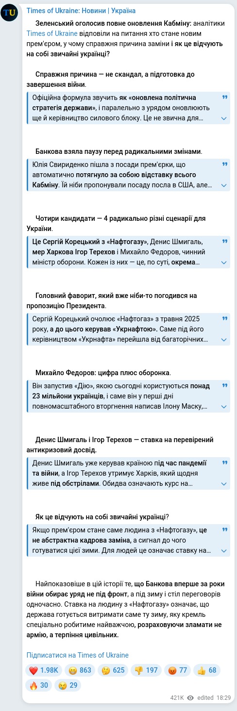 Screenshot of a Telegram post: Fedorov Mykhailo Albertovych — ⚡️Зеленський оголосив повне оновлення Кабміну: аналітики Time…
