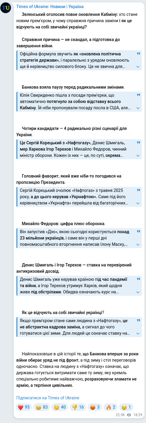 Screenshot of a Telegram post: Fedorov Mykhailo Albertovych — ⚡️Зеленський оголосив повне оновлення Кабміну: хто стане нови…