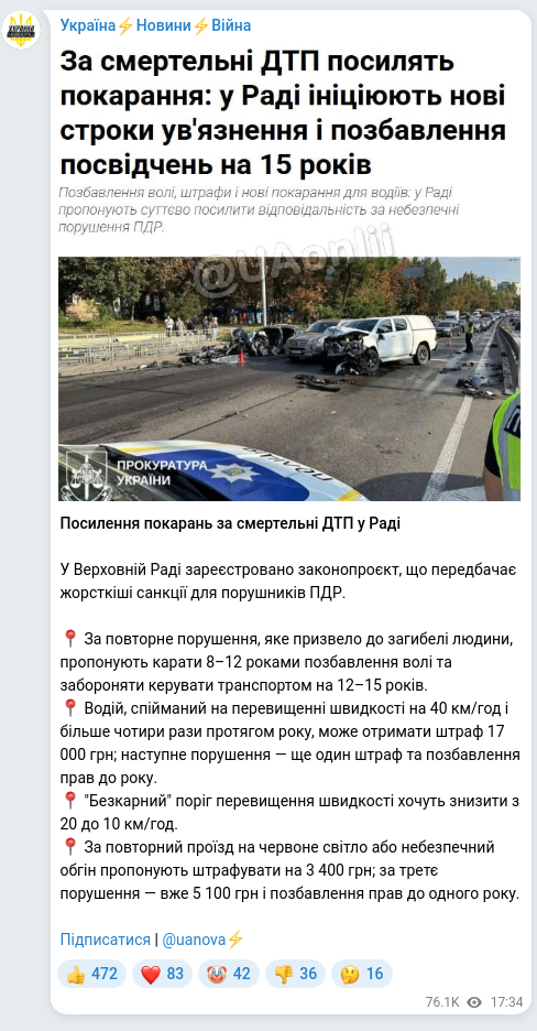 Скріншот Telegram-публікації: Посилення покарань за смертельні ДТП у Раді У Верховній Раді зареєстровано зако…