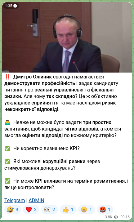 Screenshot of a Telegram post: Oliynyk Dmytro Ihorovych — ‼️ Дмитро Олійник сьогодні намагається демонструвати професійність…