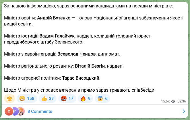 Screenshot of a Telegram post: Halaychuk Vadym Serhiyovych — За нашою інформацією, зараз основними кандидатами на посади мін…